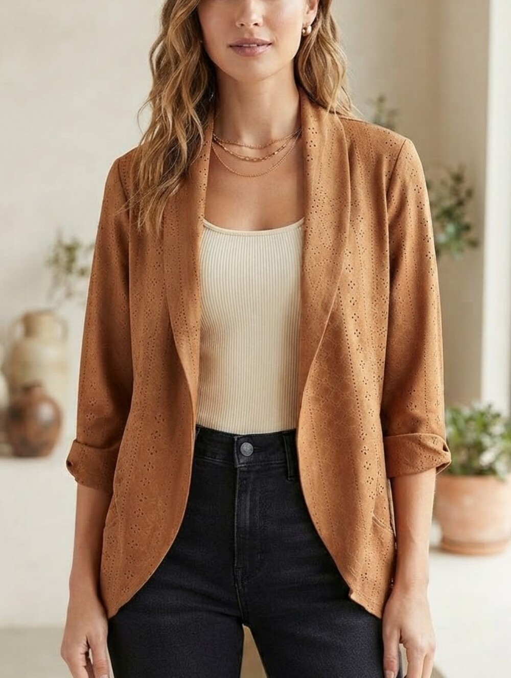 NEVER WORN Shein Women’s Open-Front Brown Eyelet Blazer Jacket Sz Size L